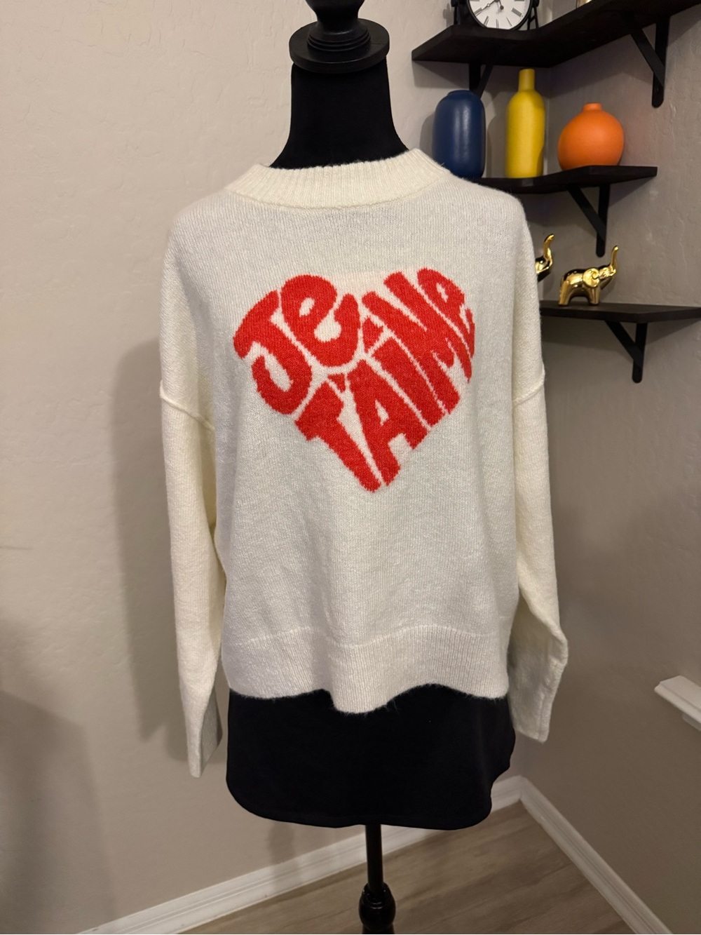 American Eagle Outfitters White Sweater with Red Heart Slogan